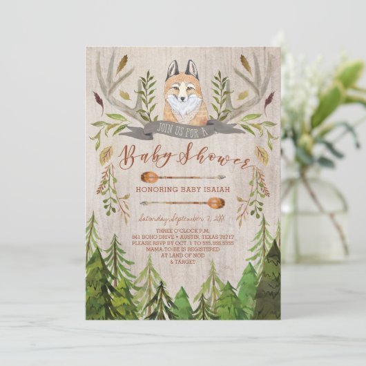 Woodland Fox Rustic Baby Shower Invitations Kaart (Staand voorkant)
