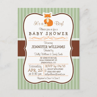 Woodland Fox; Sinaasappel, Sage, bruin Baby shower Uitnodiging Briefkaart