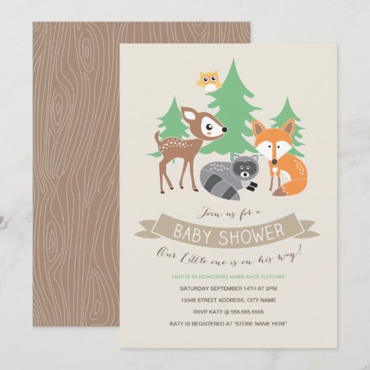 Woodland Friends Baby shower Invite Kaart (Voorkant / Achterkant)