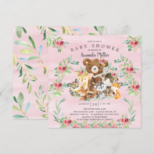 Woodland Friends Girls Baby shower Invitation Kaart