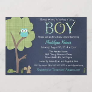 Woodland Friends Little Owl Baby Boy Shower Uitnod Kaart