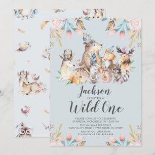 Woodland Friends Wild One Birthday Invitation Kaart