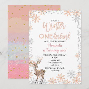 Woodland Gold Pink Glitter Birthday Invitation Kaart