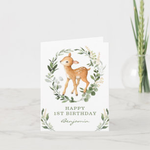 Woodland Green Gold Deer Happy Birthday Kaart