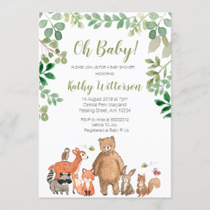 Woodland Greenery Animals Baby shower Invitation Kaart