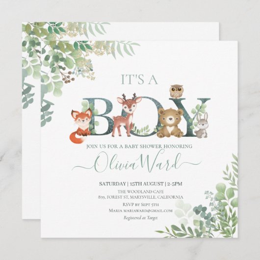 Woodland Greenery Baby shower Boy Invitation Bedankkaart (Voorkant / Achterkant)