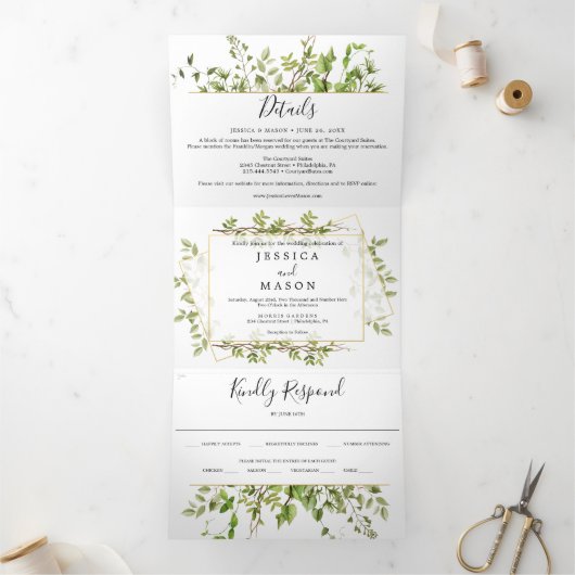 Woodland Greenery bruiloft drievoudige uitnodiging (Binnen)