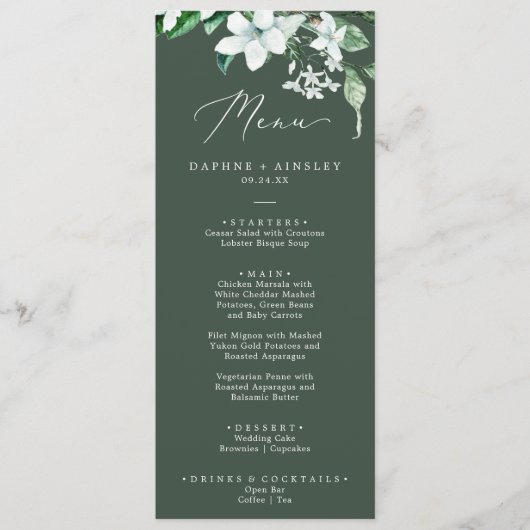 Woodland Greenery Hunter Green Wedding Dinner Menu (Voorkant)