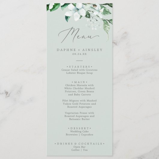 Woodland Greenery | Mint Green Wedding Dinner Menu (Voorkant)