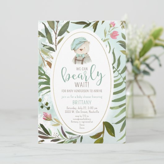 Woodland  Greenery Teddy Bear Baby shower Kaart (Staand voorkant)
