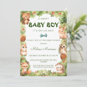 Woodland groen lief baby jongen douche kaart (Staand voorkant)