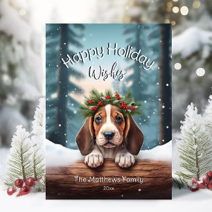 Woodland Happy Christmas Wishes Basset Hound Puppy Feestdagenkaart