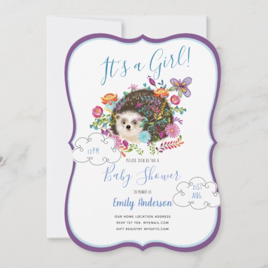 Woodland Hedégel Baby Girl Shower Invitations Kaart (Voorkant)