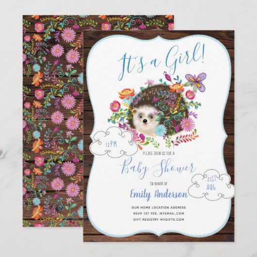 Woodland Hedgehog Baby Shower Invitations Rustique (Devant / Derrière)
