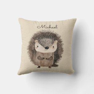 Woodland Hedgehog Faux Linen gepersonaliseerd Kussen