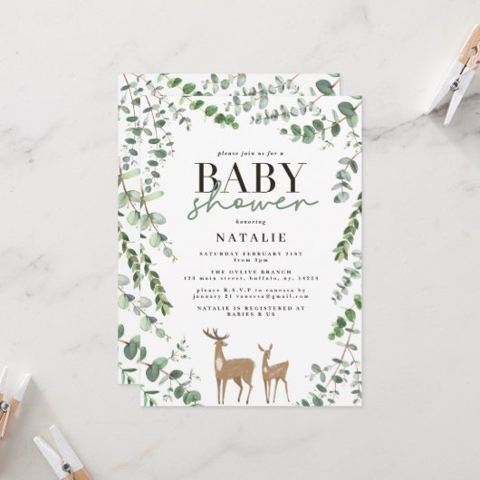 Woodland hert eucalyptus modern baby shower invita kaart (Voorkant / Achterkant in situ)