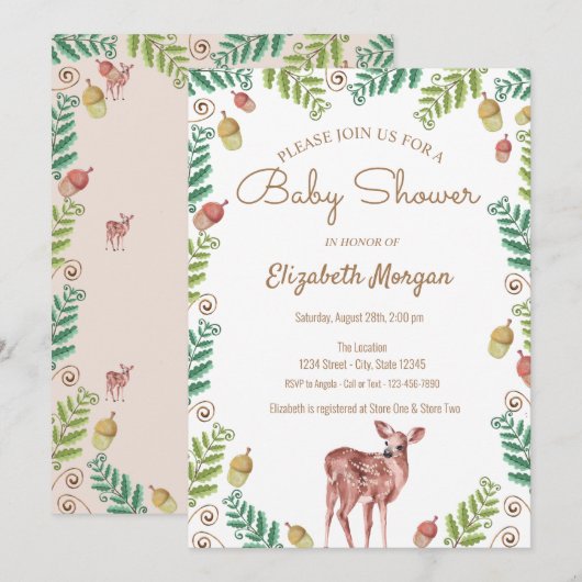 Woodland, Invitation de Baby shower de cerfs (Devant / Derrière)