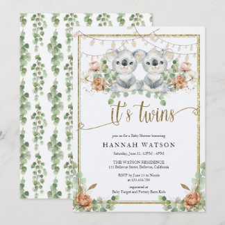 Woodland Koala Gender Neutral Twins Baby shower Kaart