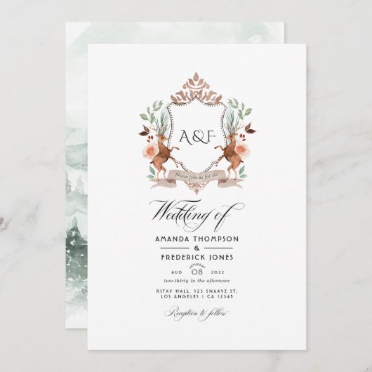 Woodland Laurel Crest Monogram QR Code Weddenschap Kaart (Voorkant / Achterkant)