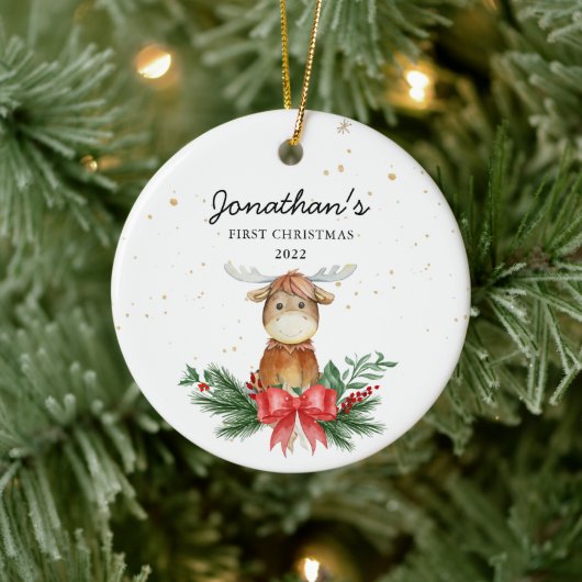 Woodland Moose Baby's Eerste Kerstmis Keramisch Ornament (Boom)