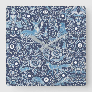 Woodland Navy Blue Forest Animal Fox Rabbit Floral Vierkante Klok