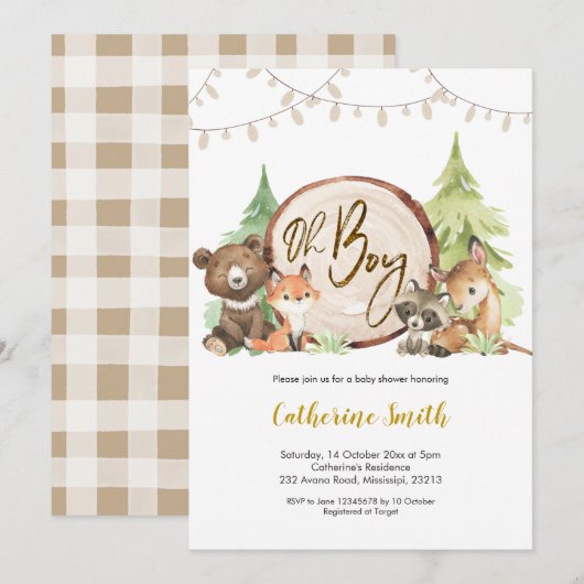 Woodland Oh Boy Baby shower Invitation (Devant / Derrière)