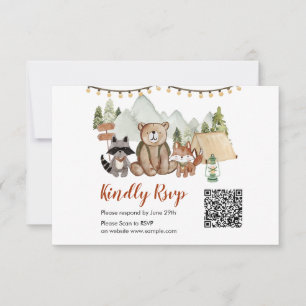 Woodland One Happy Camper Verjaardag QR RSVP Card Bedankkaart