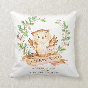 Woodland OWL Baby Birth Stats Coussin