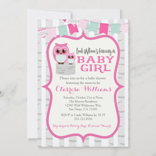 Woodland Owl Baby Girl Shower Kaart (Voorkant)