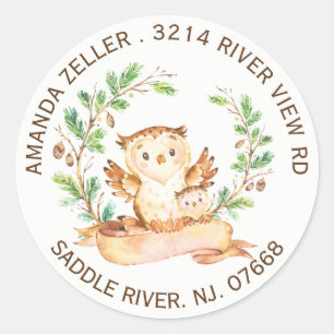 Woodland Owl Baby shower retour adreslabel Ronde Sticker