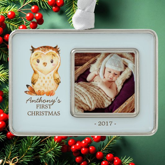 Woodland Owl Baby's 1e kerstfoto Ornament