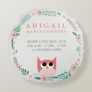 Woodland Owl Birth Stats Round Nursery Pillow Rond Kussen