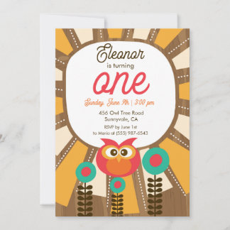 Woodland Owl First Birthday Invitation – One Year  Kaart