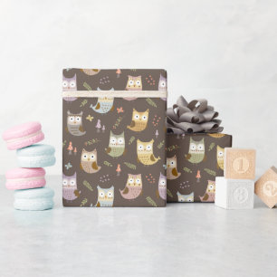 Woodland Owl Pattern, Kinder Brown Cadeaupapier