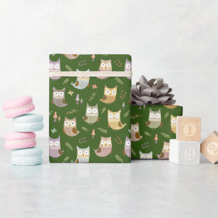 Woodland Owl Pattern, Kinder Green Cadeaupapier
