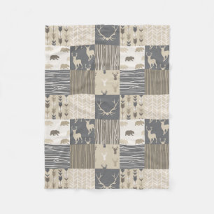 Woodland Patchwork Blanket in Tan en Grey Fleece Deken
