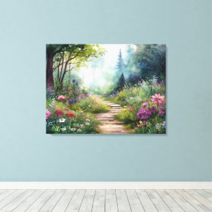 Woodland Path en wilde bloemen Canvas Afdruk