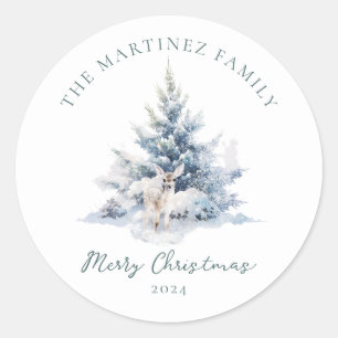 Woodland Pine Forest Deer Merry Christmas Ronde Sticker