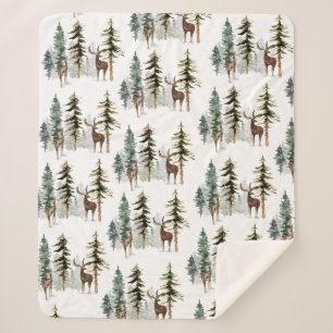 Woodland Pine Forest Reindeer Stag & Doe Sherpa Deken