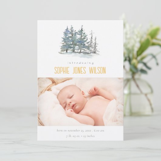 Woodland Pine Trees Neutral Birth Announement Bedankkaart (Staand voorkant)