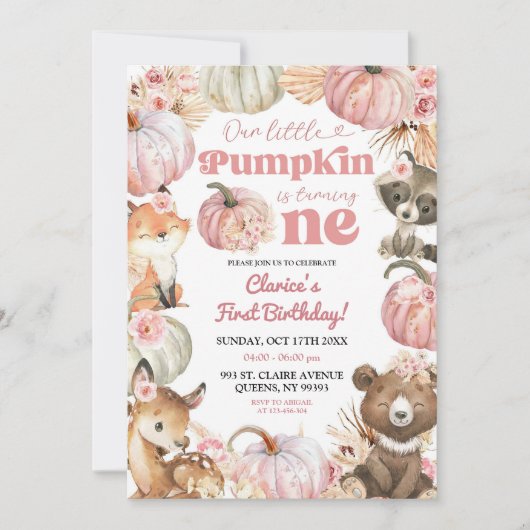 Woodland Pink Boho Pompoen Meisje 1e Verjaardag Kaart (Voorkant)