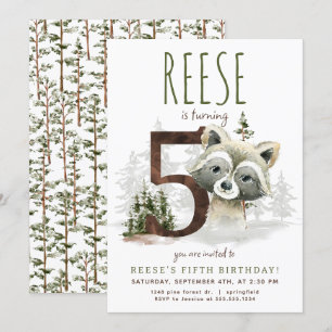 Woodland Raccoon Uitnodiging voor vijfde verjaarda