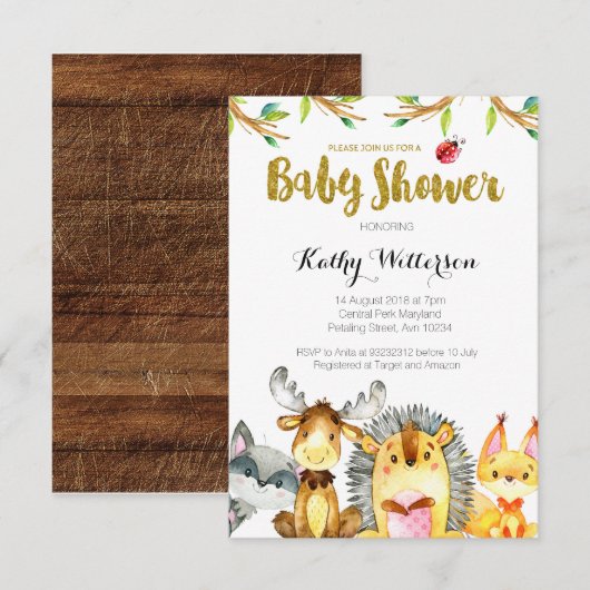 Woodland Rustic Creatures Baby shower Kaart (Voorkant / Achterkant)