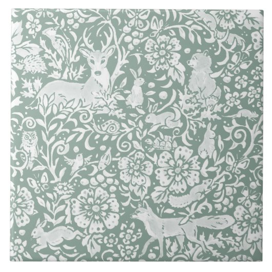 Woodland Sage Green Forest Animals Deer Fox Rabbit Tegeltje (Voorkant)