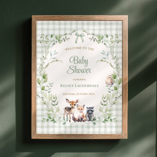Woodland Salie Groen Gingham Baby Shower Welkom Poster