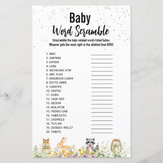 Woodland schattig dier Baby shower woord scramble