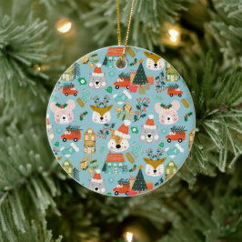 Woodland Schattige Santa Animals Blauw Keramisch Ornament