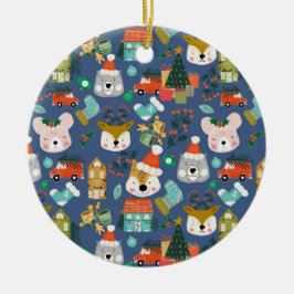 Woodland Schattige Santa Animals Denim Blue Keramisch Ornament