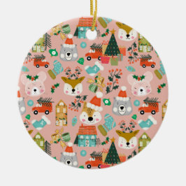 Woodland Schattige Santa Animals Pink Keramisch Ornament