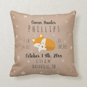 Woodland Stars Sleepy Fox Birth Stats Nursery Kussen